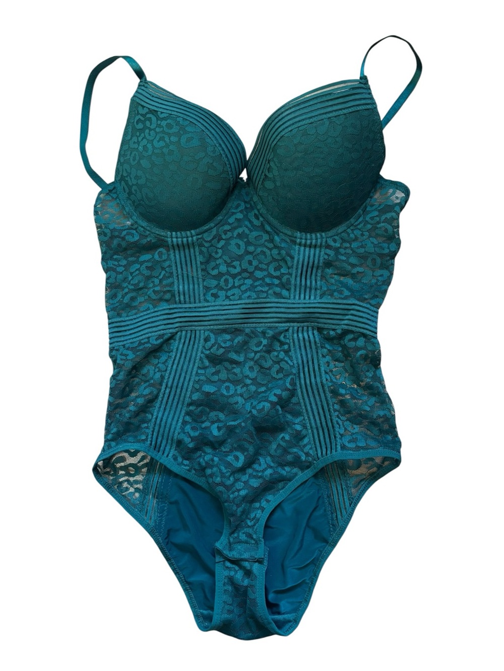 Teal-Green Lace Bodysuit with Sheer Panels